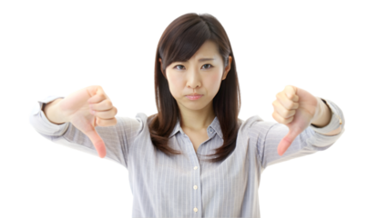 Japanese woman with thumbs down, isolated on transparent background