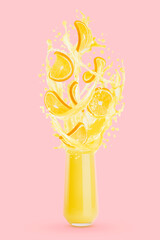 Orange juice in drinking glass with flying orange pieces, drops, splashes, flows of juice in motion on pink background. Fresh sour cold cocktail for advertising, label product, branding, flyer, card.