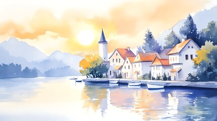 Fototapeta premium Seaside town glowing under a golden sunset, bold and vibrant houses, the scene rendered in a hybrid of watercolor fluidity and textured oil painting