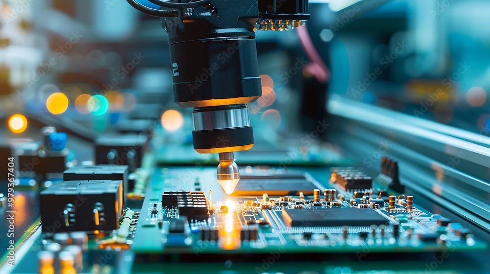 Poster robotic arms position components on circuit boards during an automated assembly process exemplifying