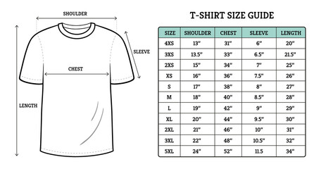 T-shirt size guide in hand drawn style