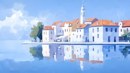 Obraz premium Coastal village at dusk, multicolored homes reflecting in the calm waters, soft waves lapping, oil painting style with rich textures and warm hues