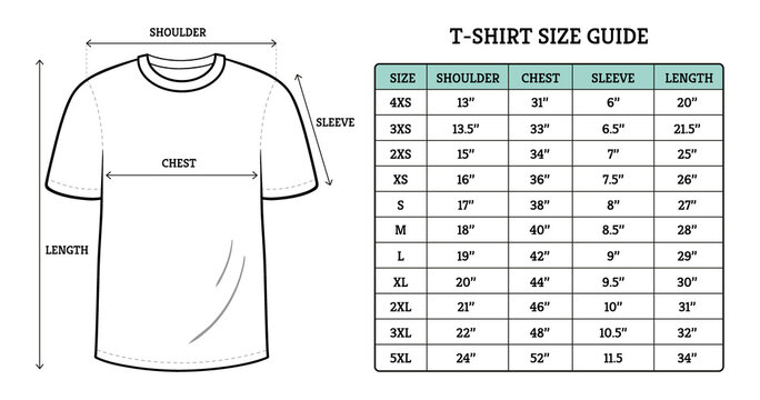 T-shirt size guide in hand drawn style