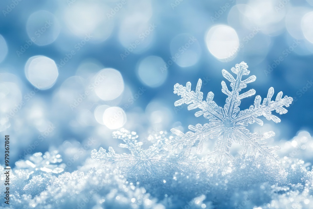 Poster delicate snowflake close-up on a snowy landscape with blue bokeh background