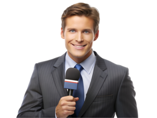 Male news reporter broadcasting live, isolated on transparent background
