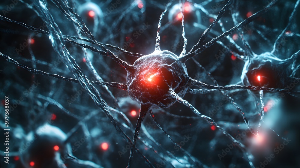 Poster a close-up view of a neuron with axons and dendrites