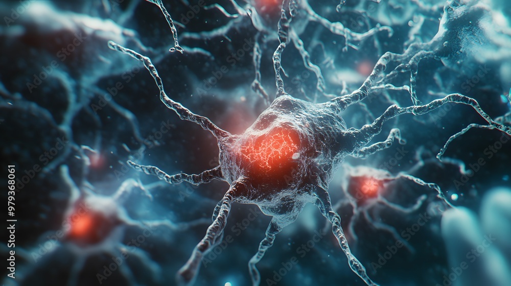 Poster microscopic view of a neuron with red glowing nucleus and axon extensions