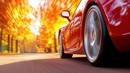 Red Convertible Driving Down Asphalt Road