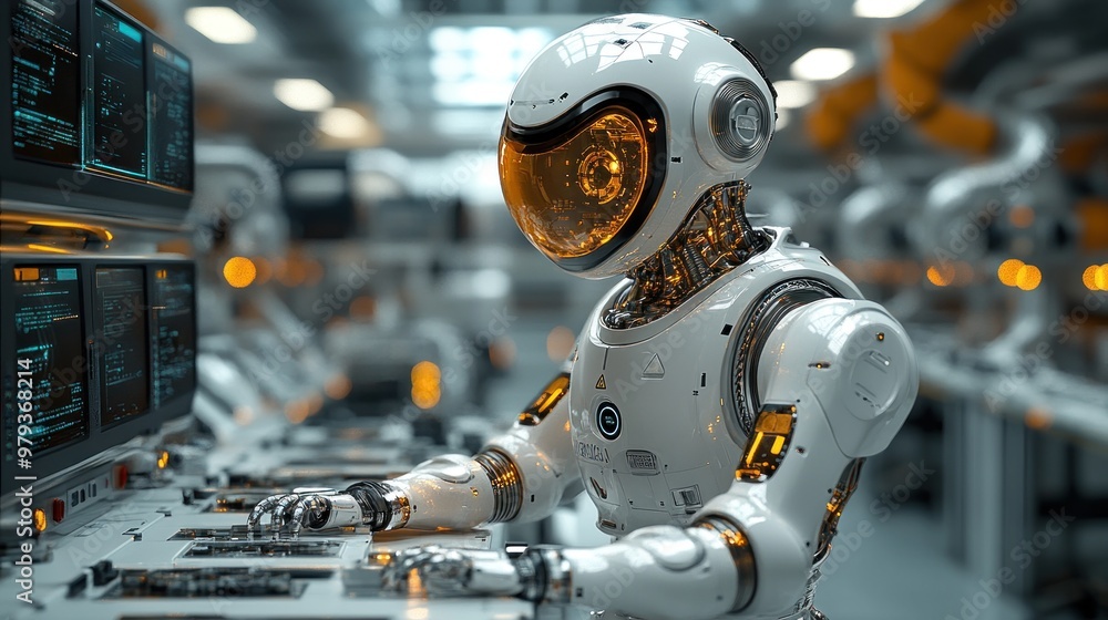 Poster a futuristic robot working in a high-tech industrial setting.