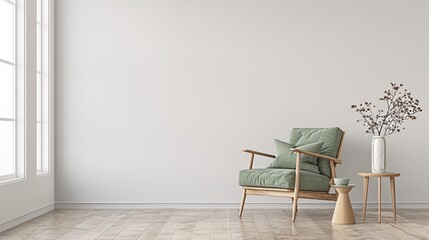 Minimal living room with green armchair, 3D rendering.