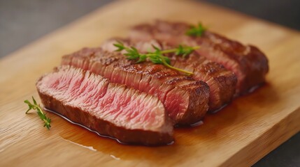 Juicy grilled steak sliced and garnished with fresh herbs on a wooden cutting board ready for serving at a dinner party.