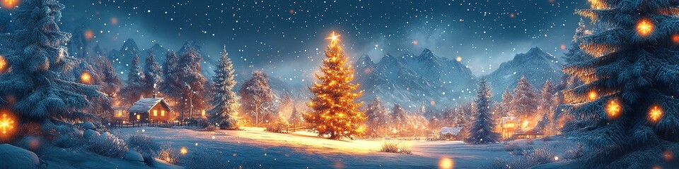 Panoramic snowy Christmas scene with lit tree and cabin