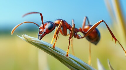 Naklejka premium Close-up of an ant on a green leaf, showcasing intricate details and vibrant colors in a natural setting.