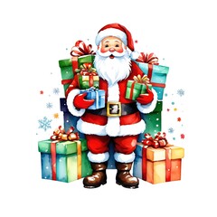 Smiling Santa Claus carrying gift boxes, wearing his red hat and coat. A festive holiday illustration ideal for xmas and winter celebrations.