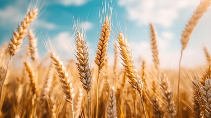 Fototapeta premium Golden Wheat Field with Blue Sky and Sunlight - AI generated illustration
