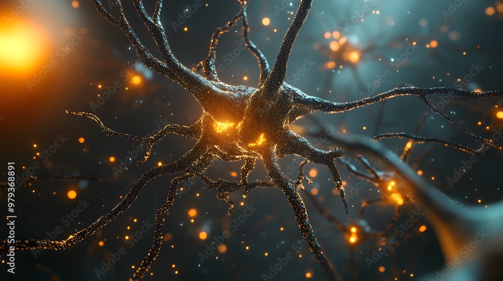 Poster a close-up of a glowing neuron with intricate branches