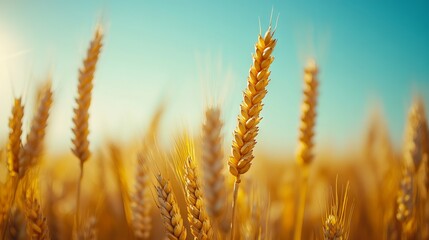 Fototapeta premium Golden Wheat Field with Blue Sky and Sunlight - AI generated illustration
