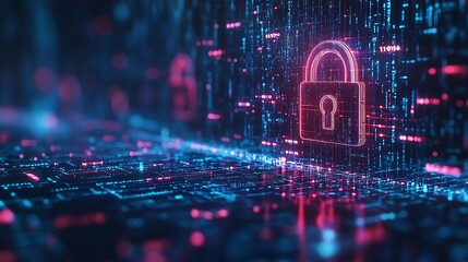 Obraz premium Cyber Security and Information Preservation: 3D Holographic Screen with Security Lock, Algorithms, and Modern Technology Symbols