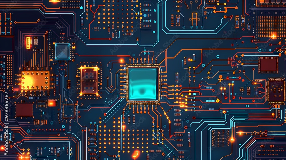 Poster close-up of a circuit board with glowing blue and orange lights, showcasing the intricate design and