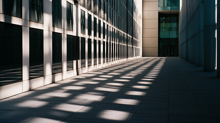 Sunlight creating geometric shadows on modern building facade