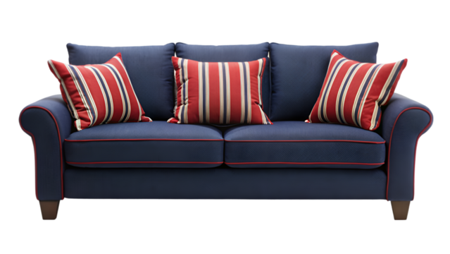 Maritime navy blue modern sofa with black and red stripes, isolated on transparent background