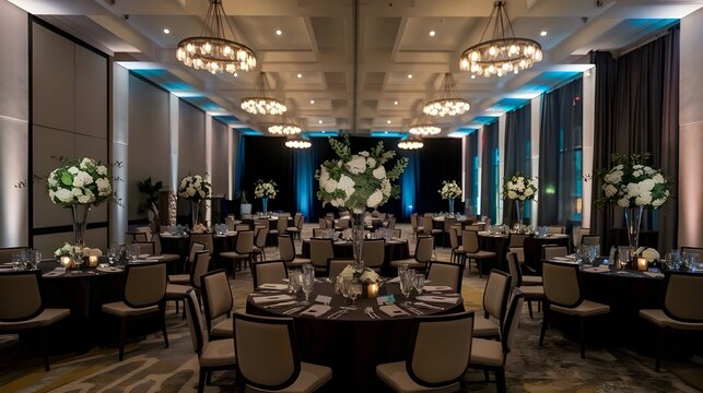 Elegant corporate event venue with sophisticated table settings and ambient lighting, highlighting a professional and upscale atmosphere.