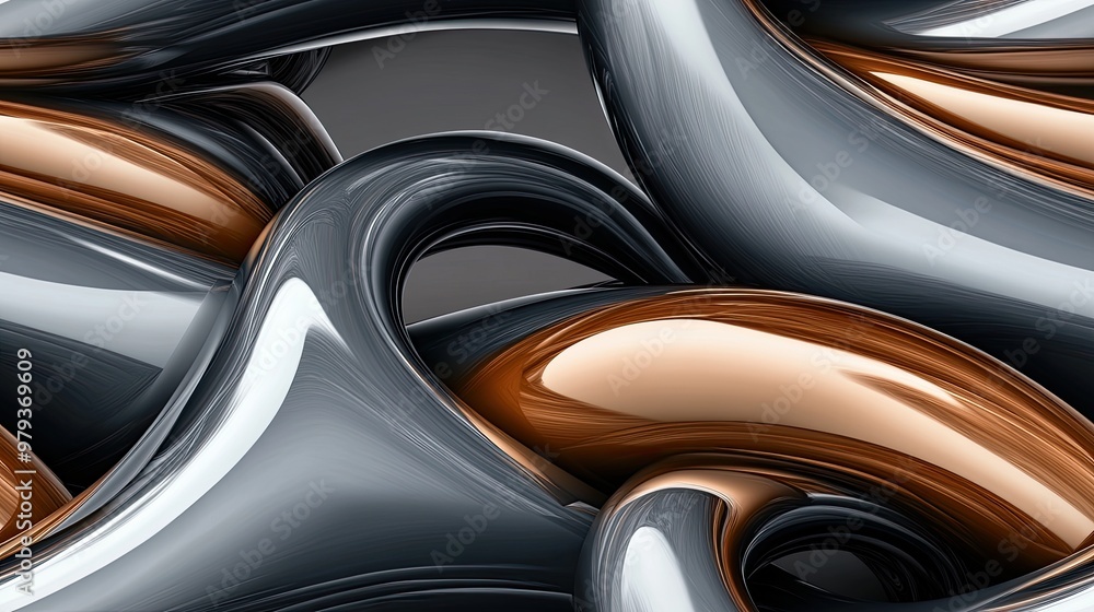 Poster an abstract composition showcases flowing gray and white lines accented by vibrant orange, blending 