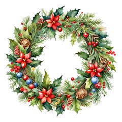 Christmas wreath with holly berries and red ribbon, isolated illustration on white background. A festive holiday decoration perfect for seasonal designs.