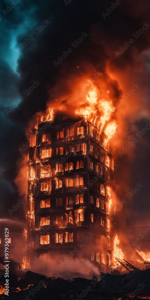 Poster a building is on fire with smoke billowing out of it. the fire is so intense that it is visible from