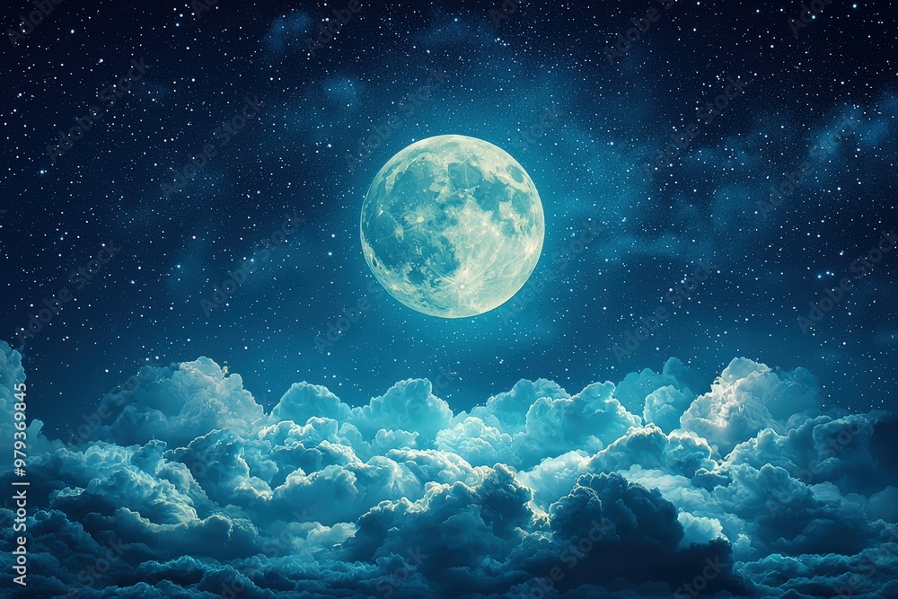 Aufkleber a bright full moon shines in a clear night sky, casting a soft glow on fluffy clouds below while twi