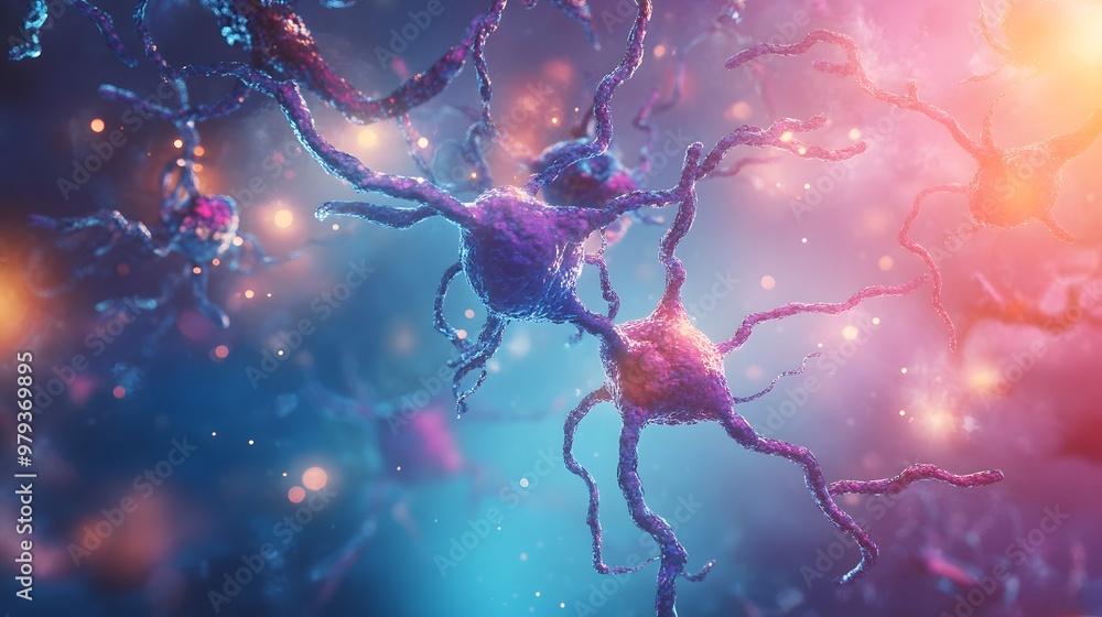 Poster a 3d rendering of interconnected neurons with a blurred background