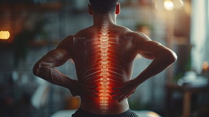 Man Touching Lower Back Highlighting Spine and Pain Concept in Dimly Lit Room
