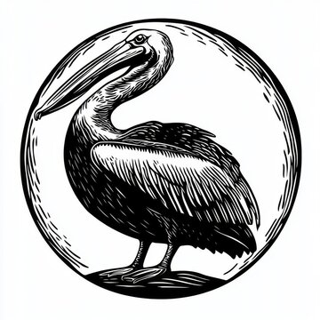 recommend clip art: Black and white illustration of a pelican in a circle.