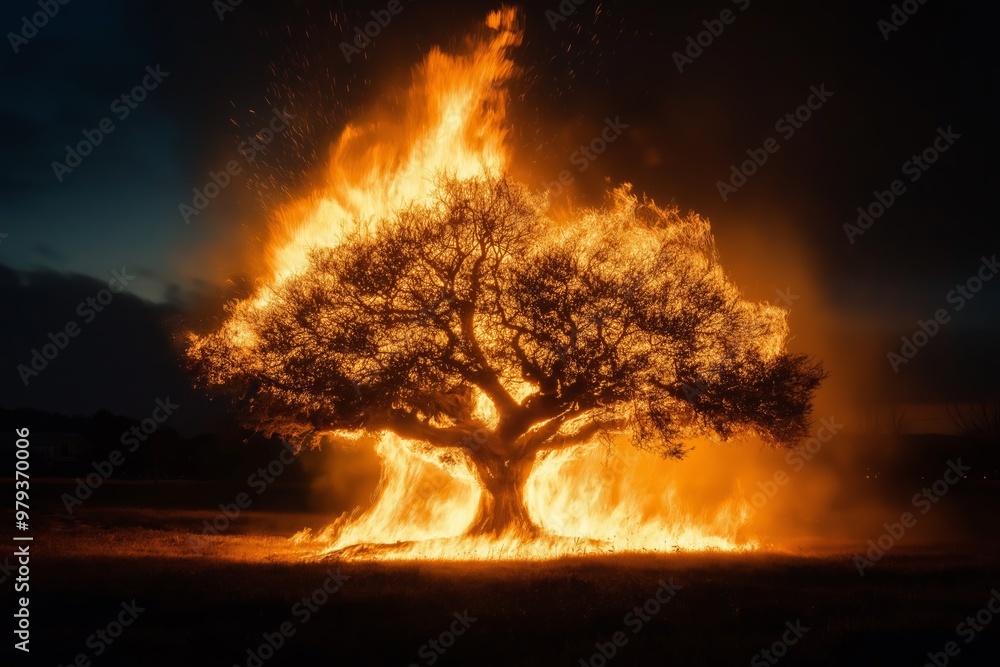 Poster a tree is on fire in a field. the fire is very large and is surrounded by smoke. the tree is the mai