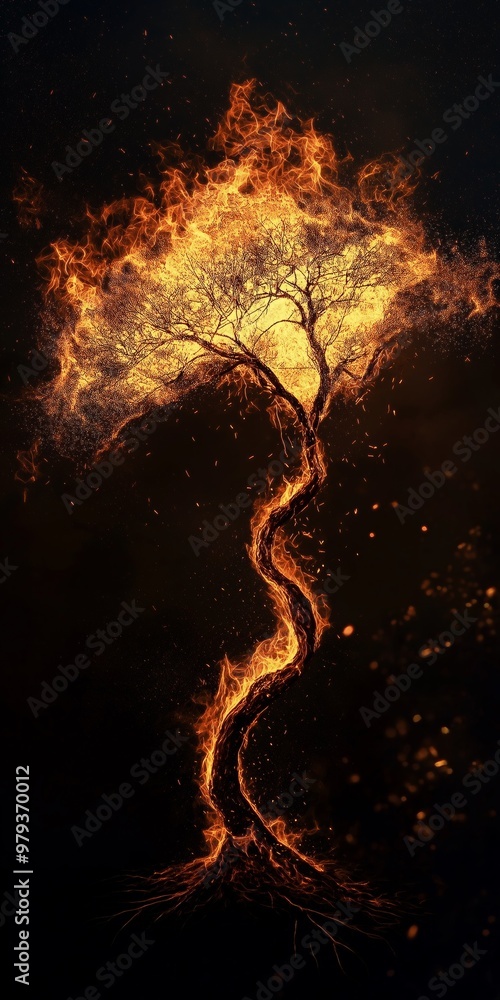 Poster a tree with a fire burning through it. the fire is so intense that it is almost as if it is alive