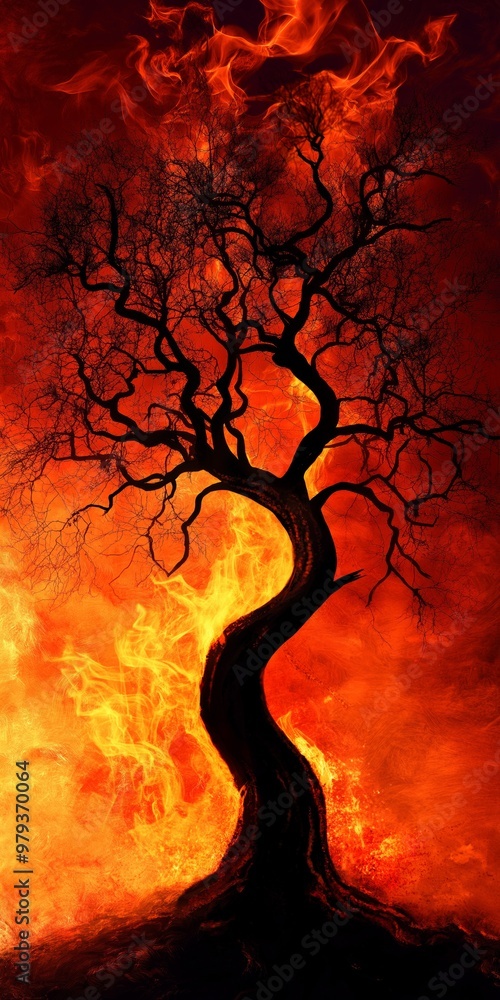 Poster a tree is depicted in a painting with flames surrounding it. the tree is twisted and he is in the mi