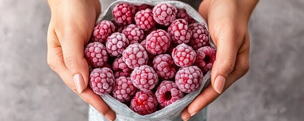 Fresh and vibrant frozen raspberry collection held in hands, perfect for healthy recipes, smoothies, and desserts.