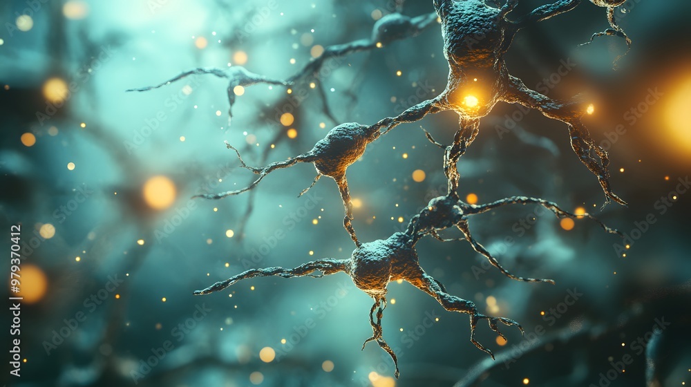 Poster close-up of interconnected neurons with glowing synapses