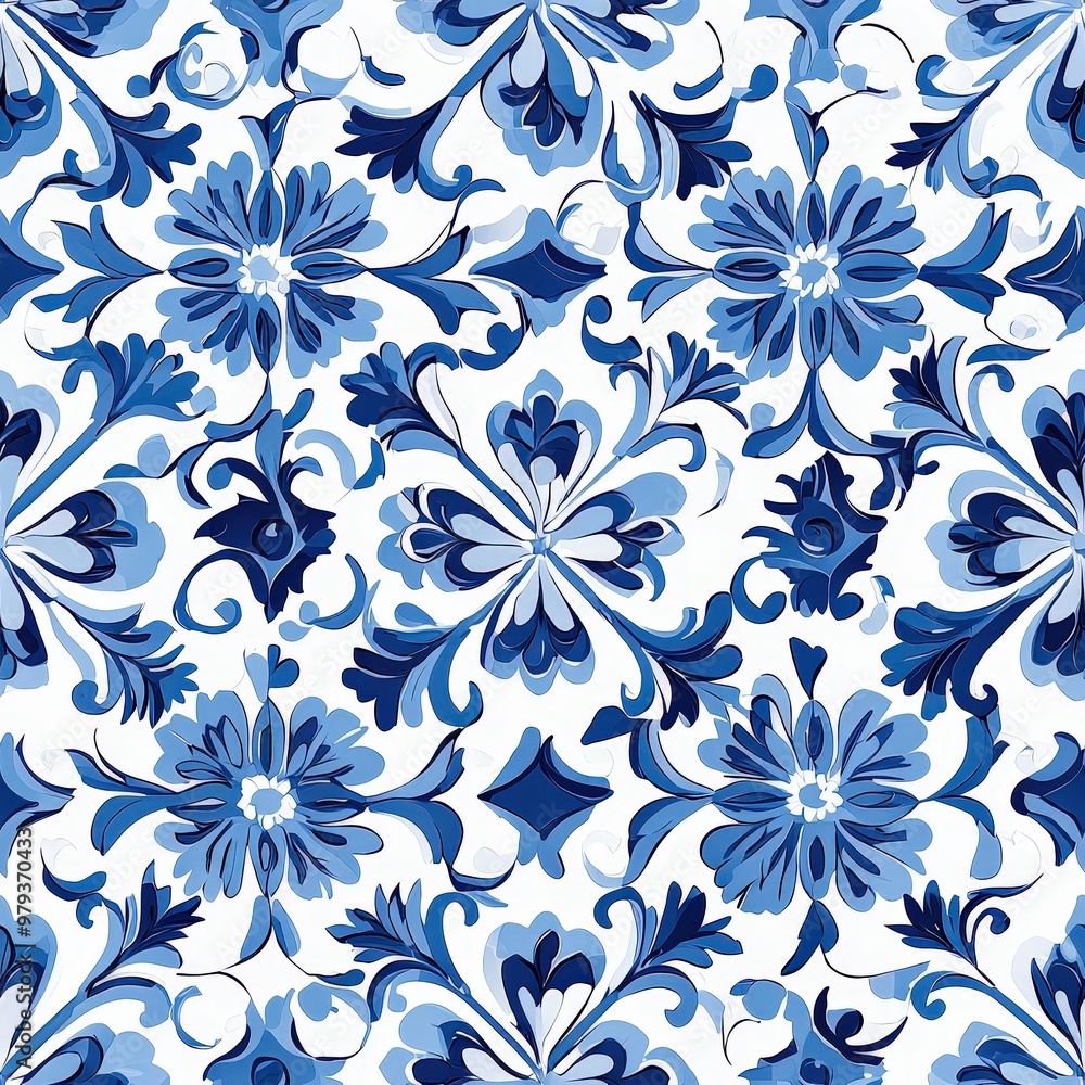 Poster a detailed floral pattern features various shades of blue against a crisp white backdrop, highlighti