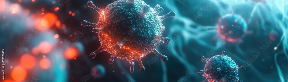 Poster a vibrant and detailed visualization of a virus, showcasing intricate structures and glowing element