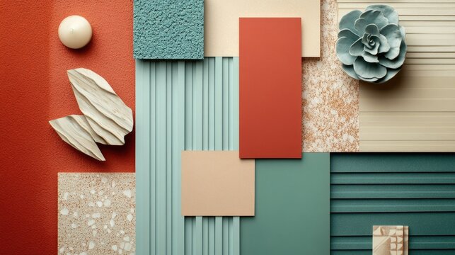 Luxury flat lay composition in terracotta red, light beige, muted teal color palette with textile and paint samples, lamella panels and tiles. Architect and interior designer moodboard. Top view.