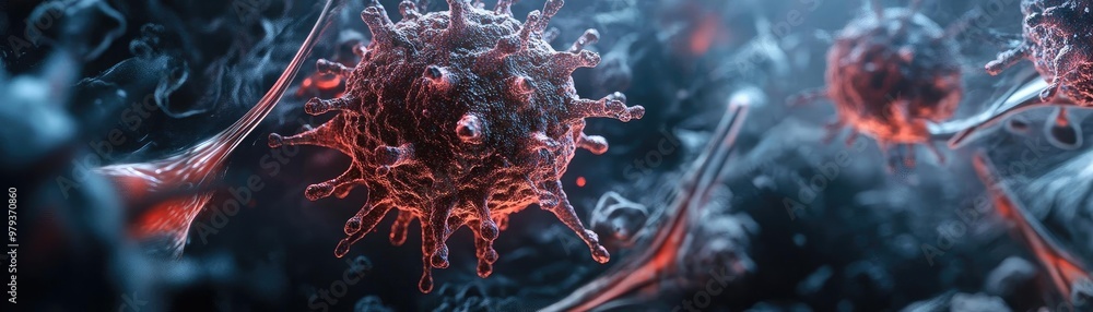 Poster intricate visualization of virus particles in a dark, ethereal environment, highlighting their compl