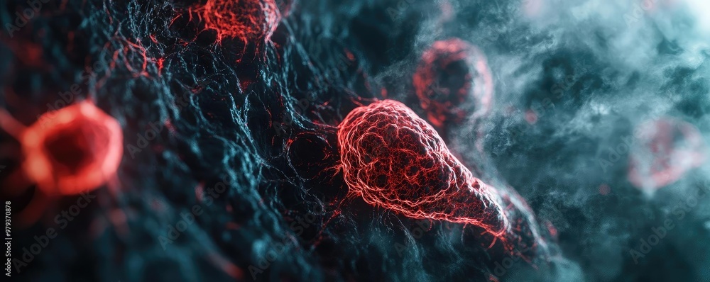 Poster a close-up view of vibrant red cells on a dark background, showcasing intricate details and textures