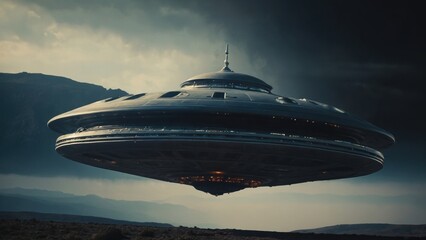 Obraz premium Alien makes an unforgettable arrival in a sleek flying saucer, creating excitement on Earth