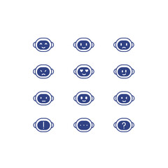 Big vector icon set. Robot icons. Different emotions of robots. Robot emoji. Chatbot icon concept. Robot Virtual Assistance