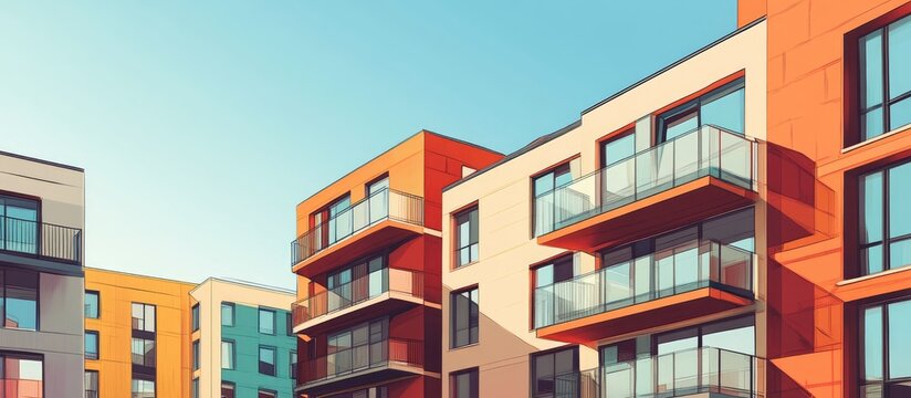 New residential buildings featuring windows and balconies Contemporary multifamily housing complex with outdoor amenities Mixed media