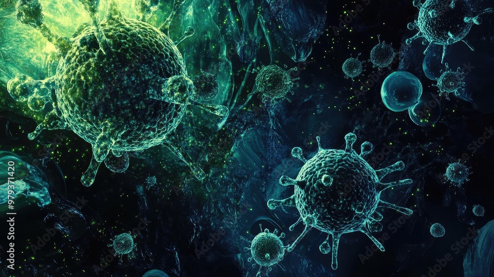 Poster abstract representation of bacteria and viruses under a microscope, showcasing vibrant colors and in