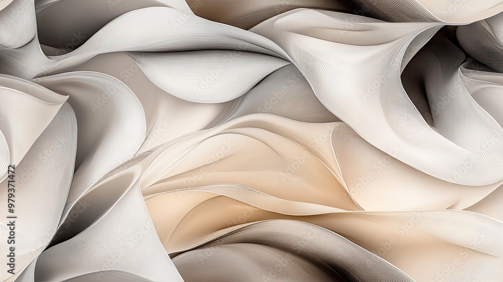 Poster an abstract composition showcases flowing gray and white lines accented by vibrant orange, blending 