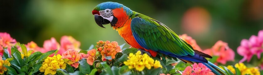 Rainbow-colored parrot perched amid vibrant rainforest flowers, capturing the exotic beauty of tropical wildlife