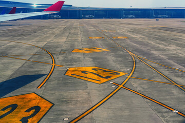 Markings with indicators, lines and numbers on taxiways for aircraft movement with a view of the...